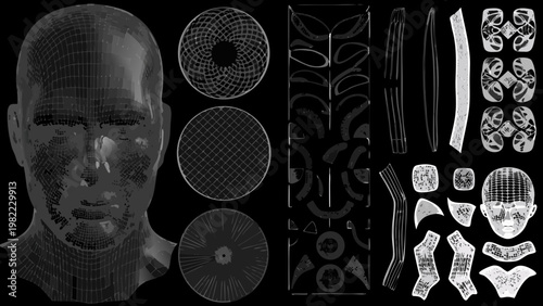 Wireframe anatomical studies and abstract forms arranged on a black background