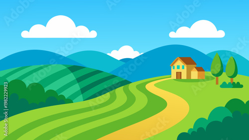 A charming farmhouse sits atop a rolling green hill under a bright blue sky with fluffy clouds