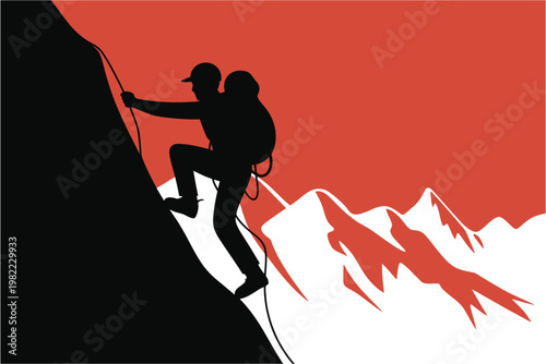 Mountain climber silhouette ascending a steep cliff with snowy peaks in background, vector graphic illustration