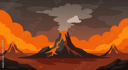 A cartoon volcano erupts with smoke and lava flowing down its slopes under a dramatic sky