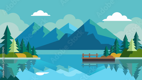 Serene mountain lake landscape with a wooden pier and reflections on the water
