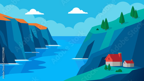 A serene coastal landscape with steep cliffs, a winding blue river, and a small house nestled on a grassy hill