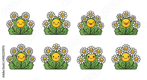 A diverse collection of cute and happy succulent characters in various colors.