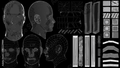 3d model components heads and geometric elements displayed on black