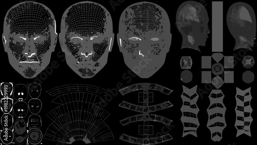 Digital renderings of human faces and fragmented geometric shapes