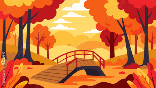 A picturesque autumn forest scene featuring a wooden bridge arching over a gentle stream surrounded by vibrant foliage