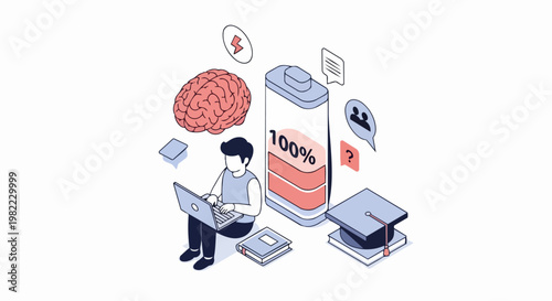 Isometric Illustration of High Mental Energy, Peak Productivity and Online Learning Concept with Brain, Student and Full Battery Icon