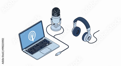 Isometric Podcast Recording Equipment Set with Laptop Microphone and Headphones