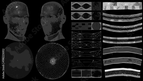 3d model breakdown head and texture maps in grayscale