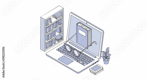 Isometric E-Learning and Digital Library Illustration with Laptop, Bookshelf, and Reading Glasses for Online Education Concepts