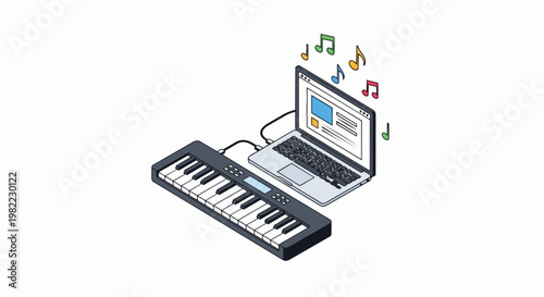 Isometric Illustration of MIDI Keyboard Controller Connected to Laptop for Digital Music Production