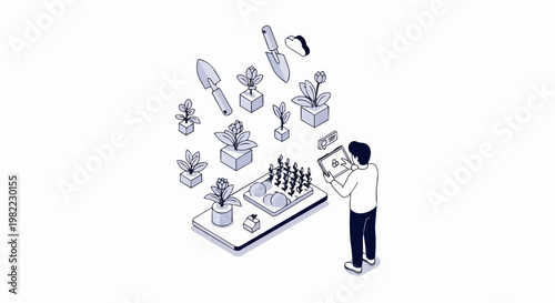 Isometric Smart Gardening and Agritech Concept Illustration: A Person Using a Digital Tablet to Manage Plants, Urban Farming, and Sustainable Agriculture Technology