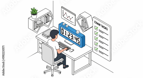 Student Taking Online Exam with Digital Timer and Checklist Illustration - Time Management, E-learning, and Academic Testing Concept in Isometric Line Art Style