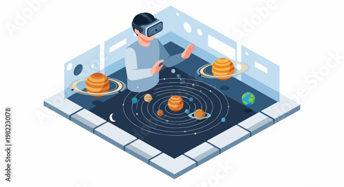 Isometric Illustration of a Person Wearing VR Goggles Exploring a 3D Solar System with Planets and Orbits for Virtual Reality Education and Space Science Technology Concept