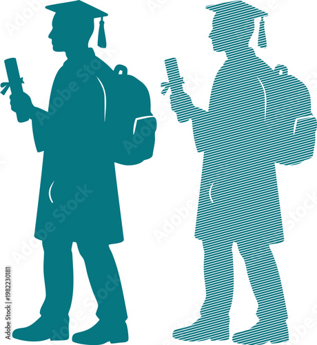 Teal graduation silhouettes with caps and diplomas graduate student gown