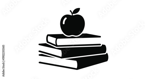 An apple rests atop a stack of books a dark silhouette