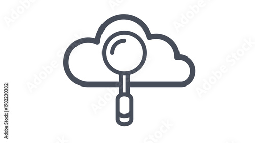 Quadro su tela Minimalist black vector icon of a cloud with a magnifying glass, representing cloud search, data analysis, and information retrieval in cloud computing and storage services