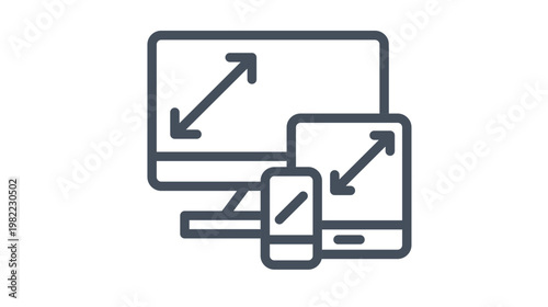 Responsive web design vector icon featuring a desktop monitor, tablet, and smartphone with diagonal scaling arrows, representing multi-device compatibility and adaptive screen layout concepts.