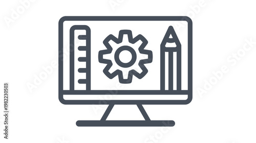 Black vector icon of a computer monitor with a gear, ruler, and pencil on the screen, symbolizing digital design, engineering, software development, CAD, and creative technical tools.