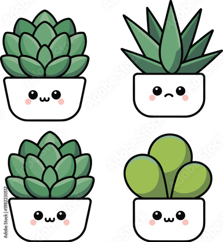 Set of cute kawaii succulent and cactus plants in white pots with happy smiling faces for home garden decor and botanical character design vector illustration.