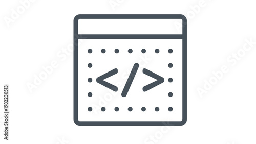Web development and programming vector icon illustration. Minimalist black line art of a browser window with a code symbol inside, representing software engineering, web design, and coding.