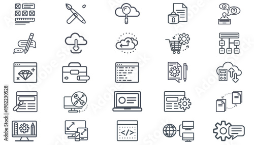 Vector Icon Set of 25 Black Minimalist Symbols for Web Development, Cloud Computing, IT Support, Graphic Design, E-commerce, Responsive UI UX, Business Management, and Technical Documentation.