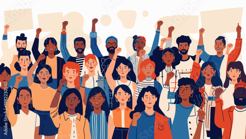 Big collection of protesting multicultural people holding blank placard banner for text. Hand fist raised up. Protest of diversity of different nationality people. Flat vector illustration