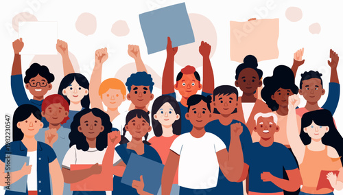 Big collection of protesting multicultural people holding blank placard banner for text. Hand fist raised up. Protest of diversity of different nationality people. Flat vector illustration