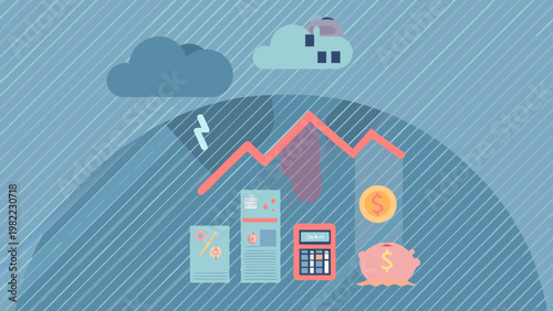 Financial downturn illustrated with rain clouds and economic symbols