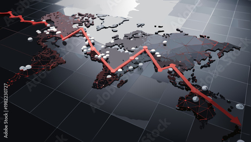 Global economic trends visualized with a world map and declining graph