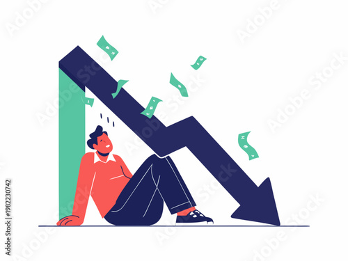 Man overwhelmed as financial graph plummets symbolizing economic hardship