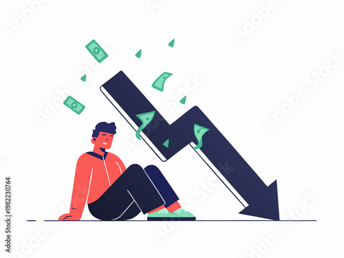 Man sits dejected under a large falling financial chart