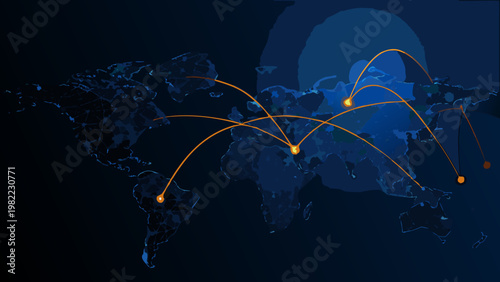 Global network connections illustrated on a world map with glowing lines
