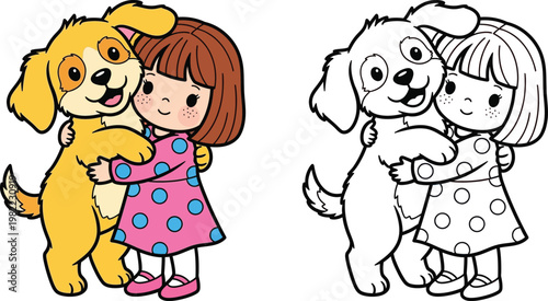 Cute Cartoon Girl Hugging Dog Coloring Page Included