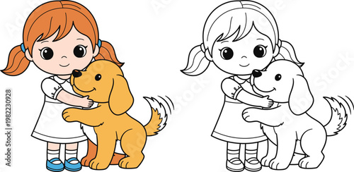 Cute Cartoon Girl and Dog Hugging Coloring Page Included