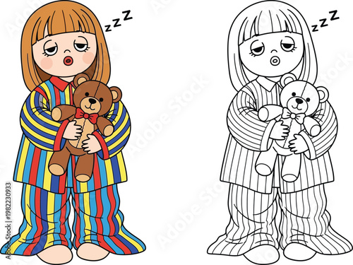 Sleepy Cartoon Girl with Teddy Bear in Pajamas Coloring Page