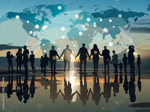 Connected people silhouetted against a global network and sunset horizon