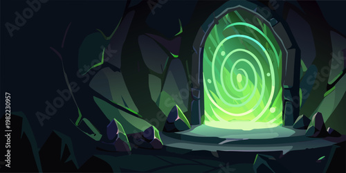 A glowing circular portal sits within a dark rocky cave entrance