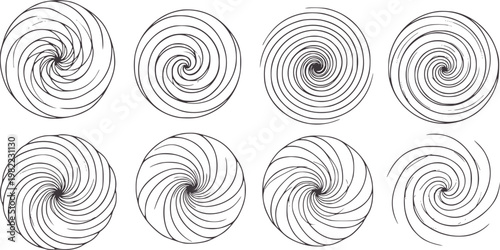 Eight monochromatic swirling vortex patterns white spiral abstract