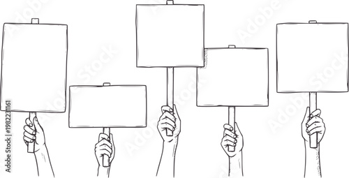 Five hands holding blank protest signs in a style
