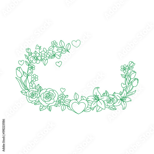 Green floral heart shaped wreath with roses and leaves