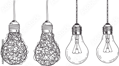 Four hanging light bulbs one with tangled filament two with clear filament lightbulb
