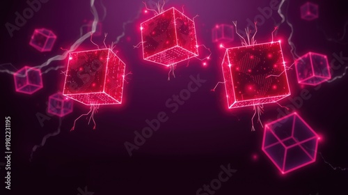 Glowing pink cubes float against dark purple background. Lines connect structures, creating futuristic digital scene. Brightness contrasts sharply.