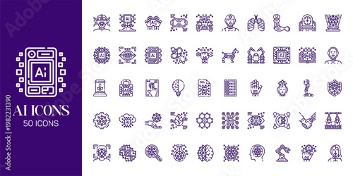 Artificial Intelligence Icon Set with AI Brain, Machine Learning, Robot, Data Network and Futuristic Technology Vector Collection