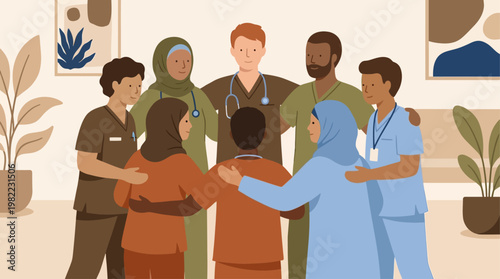 Diverse medical professionals forming a circle of support and unity, highlighting teamwork and compassion in healthcare