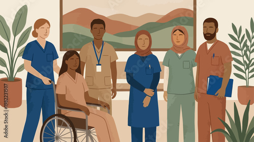 Diverse group of healthcare professionals and a patient in a wheelchair standing together in a modern medical setting, representing inclusivity and care