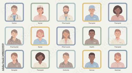 Diverse group of medical professionals depicted in a cartoon style, showcasing various healthcare roles and ethnicities