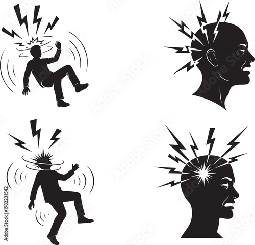 Person collapsing and a fractured head icon representing mental breakdown. Collapsing and a fractured head silhouette vector illustration 