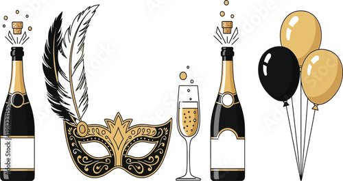 Elegant celebration elements featuring champagne, mask, and balloons Vector
