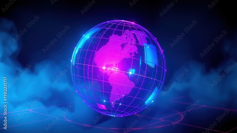 Obraz premium Glowing globe sits amid swirling blue fog. Pink, purple hues dominate futuristic scene. Grid lines trace continents, oceans.